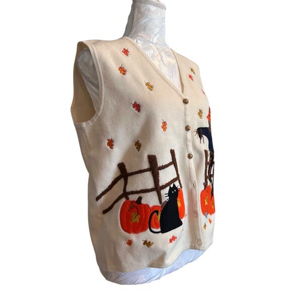 Vintage White Orange Halloween Sweater Vest Womens Sz Large Pumpkin Black Cat - Picture 3 of 16